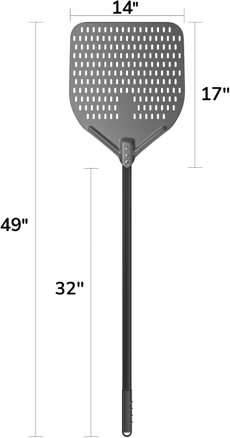 g.a homefavor 14" x 17" perforated pizza peel 49 inch overall, rectangular aluminum pizza turning peel with extended silcone handle for baking pizza brick oven 14" - 49 inch overall