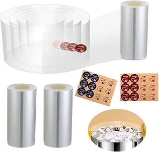 DATANYA 3 Pack Cake Collars 3.1 x 394inch Acetate Rolls Clear Cake Strips Transparent Mousse Cake Collar Acetate Sheet for Baking, Surrounding Edge Decorating + Bonus with Delicate Stickers