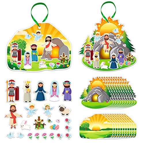 FaCraft 24 Sets Easter Crafts for Kids-Religious Gifts Make an Easter He Lives Sticker Scenes Resurrection Crafts Stickers for Christian Bible Sunday School Party Favors