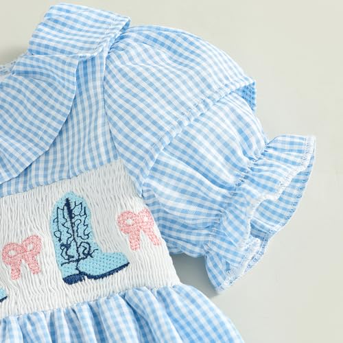 Kupretty Baby Girl Embroidery Smocked Romper Plaid Short Puff Sleeve Ruffle Collar Gingham Bubbles Playsuit Summer Clothes4