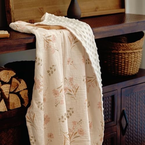 Image of GLLQUEN BABY Blankets for Girls, Soft Muslin Cotton Front Dotted Fleece Backing, Nursery Minky Crib Blanket for Infant Toddler, 30 x 40 inches Throw Blanket, Pink Floral