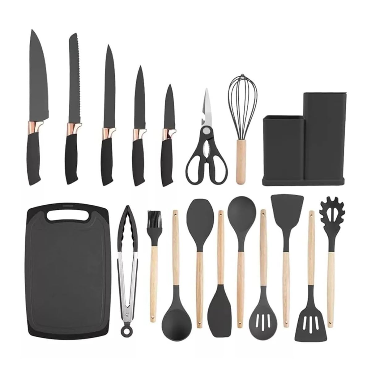 Conjunto De Utensílios De Cozinha Com Facas Colher Tábua De Corte Espátulas Suporte