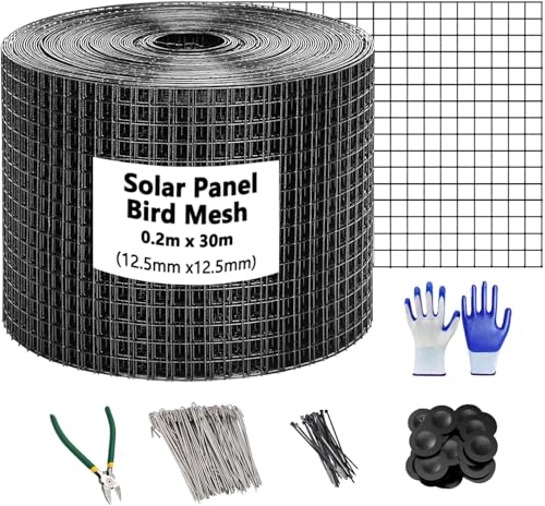 RSXMAX Kit di rete per uccelli a pannello solare, 20,3 x 30,5 m, filo in PVC, protezione per uccelli per pannelli solari per evitare che i piccioni nidificino sotto il tetto con 70 chiusure in acciaio