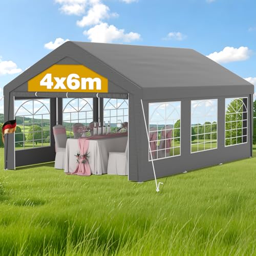 Pavillon 4x6m Winterfest Partyzelt – Wasserdichtes & stabiles Gartenzelt mit Fenstern, schweres Partyzelt für Hochzeit, Feier, Hausparty – Winddichtes Festzelt für den Winter, grau