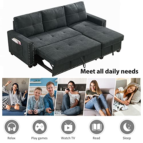 Pull Out Sofa Bed, Convertible Reversible Sleeper Sectional Sofa With Storage Chaise And Side Pocket, Upholstered L Shaped 3 Seater Couch With Silver Rivets, For Living Room, Apartment, Dark Gray #TOP5