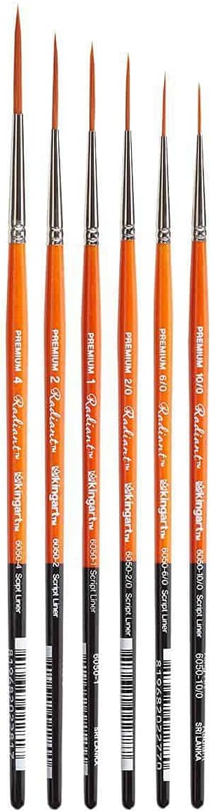 KINGART Premium 6 pc. Radiant 6050 Series Script Liner Artist Brush Set, Golden Synthetic Hair for Acrylic, Oil, Watercolor Painting, Short Handle, 6 Sizes: 10/0, 6/0, 2/0, 1, 2, 4