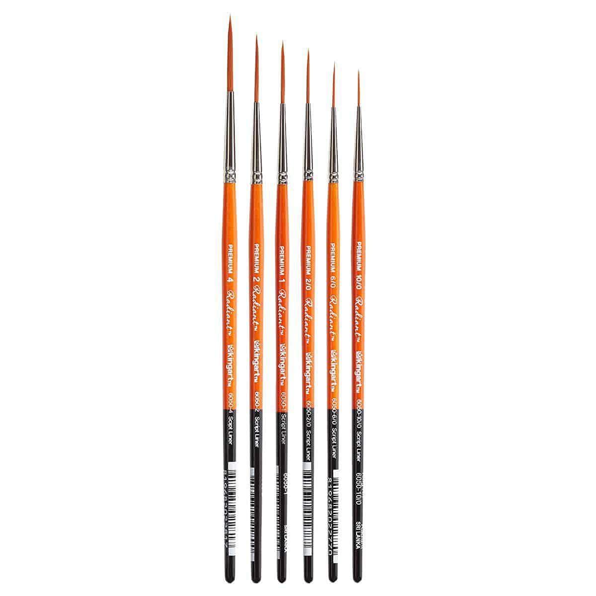 KINGART B-016 Premium 6 pc. Radiant 6050 Series Script Liner Artist Brush Set, Synthetic Taklon for Acrylic, Oil Watercolor Paint, Short Handle, 6 Brushes Sizes: 10/0, 6/0, 2/0, 1, 2, 4