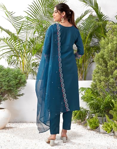 Image of SIRIL Women's Rayon Viscose Sequence Embroidery Work Straight Kurta Pant with Dupatta Set