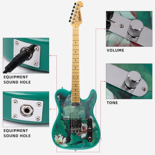 39 Inch Full Electric Guitar Beginner Start Fashion Painted Version Profession Kit For Adult Adler Wood Body Tele Bridge C-Shape Neck With Bag, Strap, String, Tuner, Cable And Picks, Black (Green) #TOP3