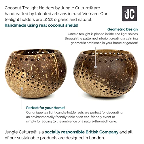 Jungle Culture ® Set Of 2 Coconut Shell Wooden Tealight Holders • Handmade Natural Tea Light Candle Holder Set • Living Room Mantlepiece & Garden • Rustic Wedding • Coconut Bowl Lantern thumb #2
