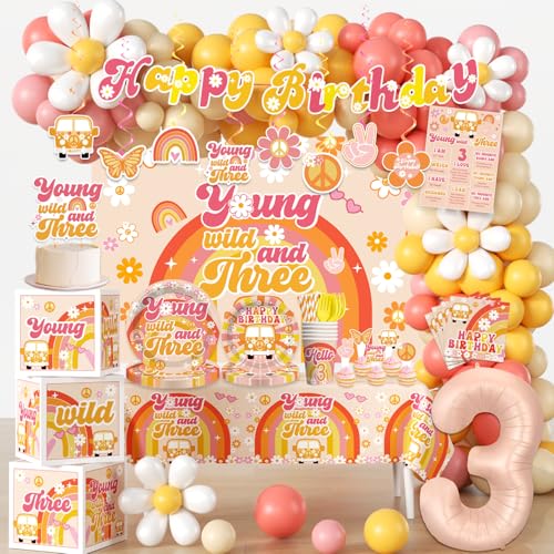 263pcs Young Wild and Three Party Decorations Boho Groovy Daisy 3rd Birthday Decorations for Girls with Balloon Arch Tableware Backdrop Banner Tablecloth Cake Topper Balloon Box Etc. Serves 20