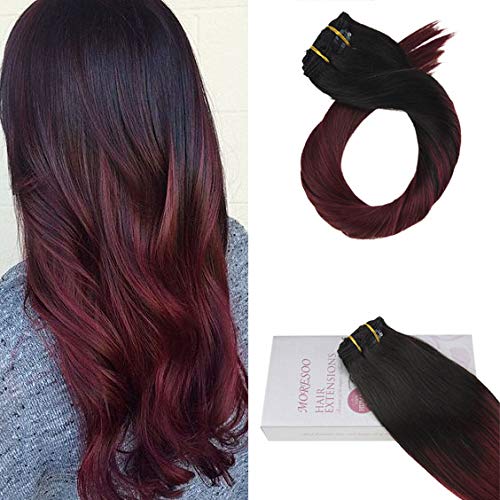 Moresoo 18 inch Clip in Remy Hair Extensions Balayage Color Off Black #1B to Wine Red #99j 100% Straight Remy Clip in Human Hair Full Head 120 Grams 7Pcs/pack Double Weft Human Hair Extensions