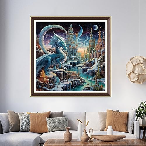 Image of Foxhool Beginners Cross Stitch Kits Stamped Full Range of Embroidery Kits for Adults DIY Cross Stitches kit Embroidery Patterns for Needlepoint kit-Dragon and Castle 17.7x17.7 inch