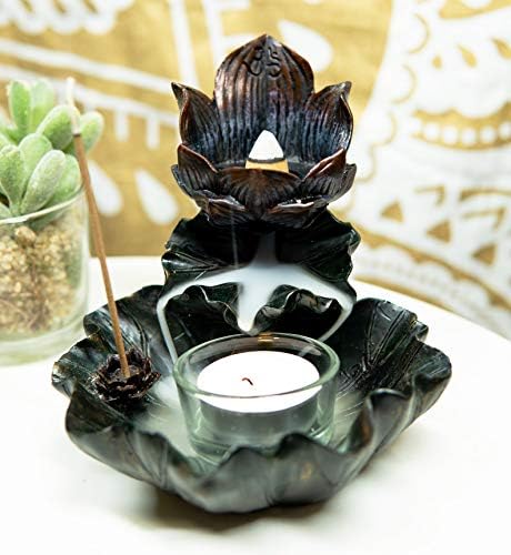 Ebros Gift Feng Shui Zen Buddha Ohm Symbol Sacred Lotus Flower Cascading Tower Incense Stick and Backflow Cone Burner and Candle Holder Figurine