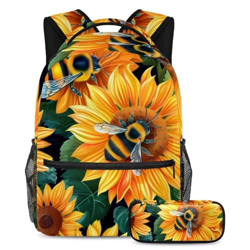 Sac à dos tournesols 2 pièces avec trousse grande capacité pour l'école et les sorties
