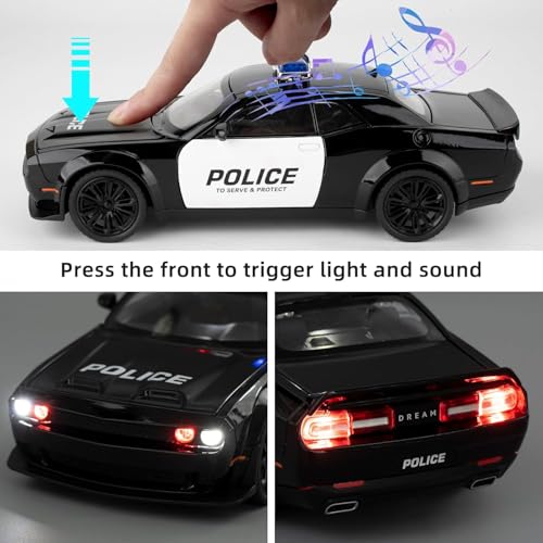 Image of WORSHIPER 1:24 Dodge Challenger SRT Hellcat Police Toy Diecast Collectible Toy with Lights and Sounds Decoration Model Car Gift for Kids [Black-Color]