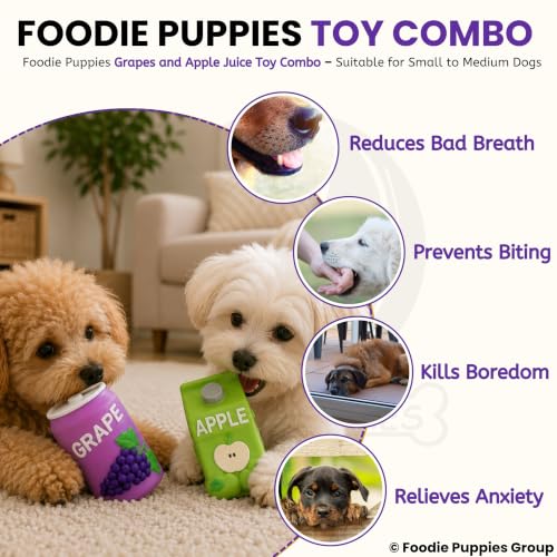 Image of Foodie Puppies Natural Latex Squeaky Play Drink Chew Toy Combo of 2 (Grapes and Apple Juice Toy) for Small to Medium Dogs | Durable, Interactive, Fetch & Chew Safe Play Toy