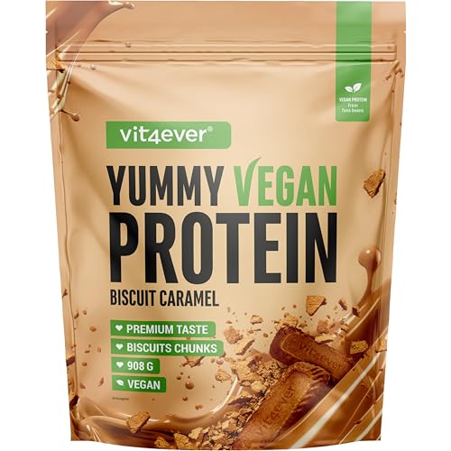 Yummy Vegan Protein Biscuit Caramel con trocitos – Batido proteico vegetal con 24,7 g de proteína por porción a partir de aislado de haba (fava) con BCAA y aminoácidos – 908 g