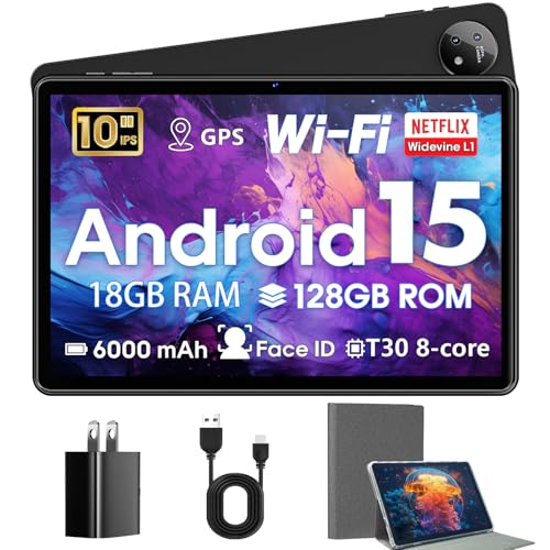 Image of 10 inch Android 15 Tablet with Case, 18GB + 128GB, 1TB Expansion, Octa-Core Compatible Widevine L1 Tablet with WiFi 5, 6000mAh, T310 CPU, High Performance, Processor
