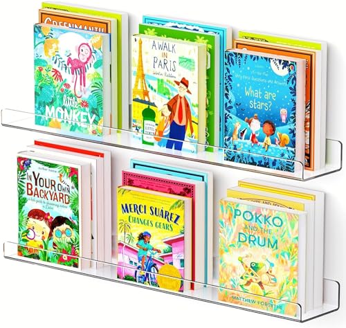 TJ.MOREE 2 Pack 24" Extra Long Acrylic Wall Bookshelf, Acrylic Floating Book Shelves for Kids, Clear Acrylic Bookshelves for Wall, Floating Bookshelf Wall Mounted,Floating Shelves for Vinyl Record