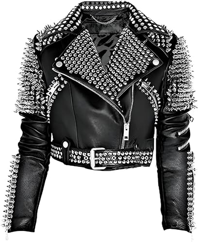 Chaqueta de piel auténtica con tachuelas estilo rock punk para mujer, chaqueta estilo blazer Britney con pinchos negros, Negro, M