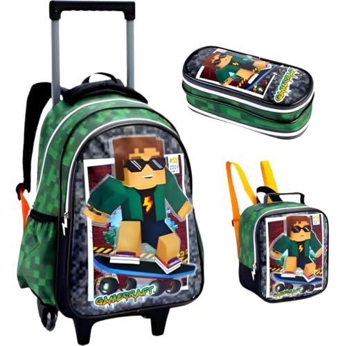 Kit Mochila Rodinha Infantil Escolar CraftGame para Menino, 3 Peças, Verde