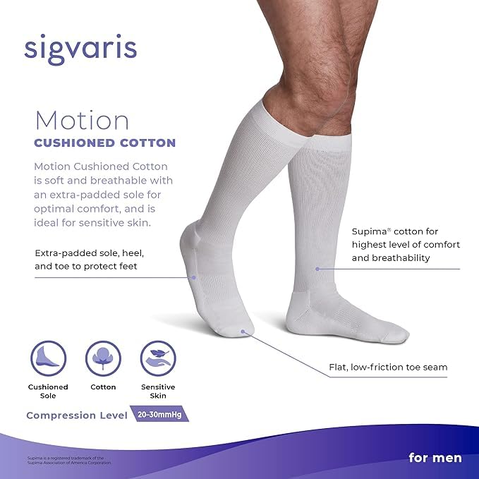Image of Sigvaris Men's Motion Cushioned Cotton 360 Closed Toe Calf-High Socks 20-30mmHg - Whie - Small Long