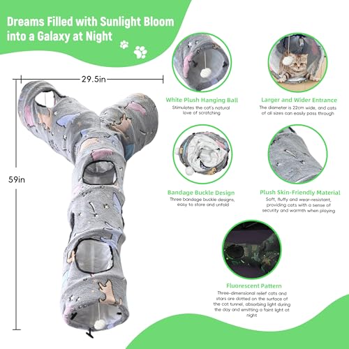 Image of Cat Tunnel for Indoor Cats,Tree Trunk Cat Tunnels with Plush Ball Toys Collapsible,Stars, Moon Shape Self-Luminous, for Indoor Cats,Pets Bunny Rabbits, Kittens, Ferrets