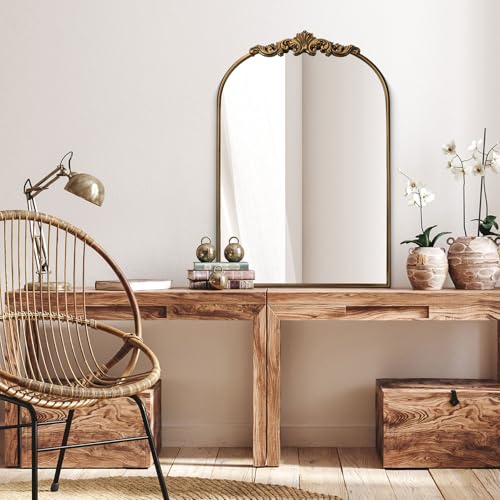 Wemily Ornate Baroque Vintage Gold Mirror - 24"X36" Arched Antique Brass Mirror with Full Metal Frame - Perfect for Entryway, Fireplace, Living Room, Hallway, or Bathroom Décor Wemily Ornate Baroque Vintage Gold Mirror - 24"X36" Arched Antique Brass Mirror with Full Metal Frame - Perfect for Entryway, Fireplace, Living Room, Hallway, or Bathroom Décor