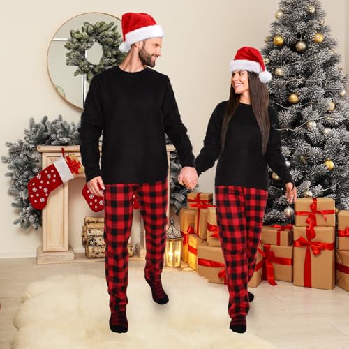 Christmas Couple Matching Pajamas Set Buffalo Plaid Pajama Set with Santa Hat and Socks for Adult(Medium,Men)3