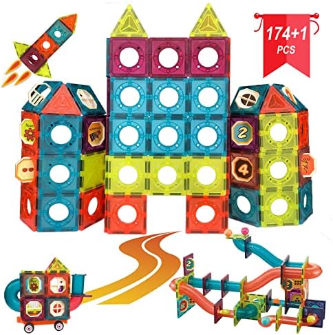 Magnetic Building Blocks Tiles 175 Pieces Magnetic Marble Run for Kids 3D Clear Magnets Educational Creativity STEM Learning Toy Christmas Birthday Gifts for Boys Girls Toddlers 3 4 5 6 7 8 Years Old