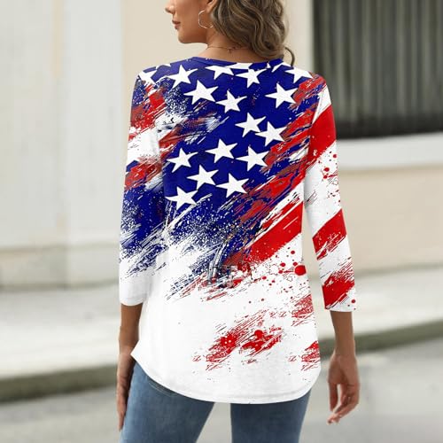 Image of 4th of July Shirts Women 3 /4 Length Sleeve Womens Tops Henley Neck Casual Patriotic T Shirts