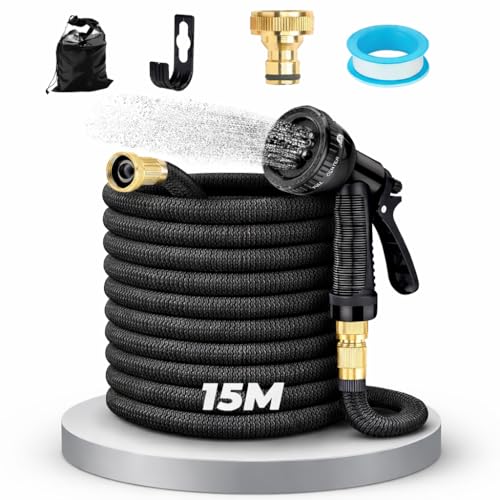 Manguera de Jardín 15 m – Flexible y Resistente, Antienredos y Antifugas, con Boquilla de Pulverización y Conectores para Riego en Exteriores.