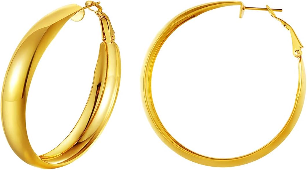 Round Loop Earrings For Girls Gold Minimalist Circular Earring 9MM Wide 40MM Diameter Present For Mother 18K Gold Plated Stainless Steel Basic Office Lady Jewellery Big Hoop Earring (Gift Package)