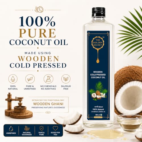 Image of The Golden Secret Kacchi Ghani Wooden Cold Pressed Coconut Oil 1 Litre (Pack of 2) | Pure Coconut Oil | Cold Pressed Oil | Edible Grade | Rich in Natural MCTs & Lauric Acid | For Hair Care, Skin Care, Body Massage, Oil Pulling & Cooking | Sulphur free