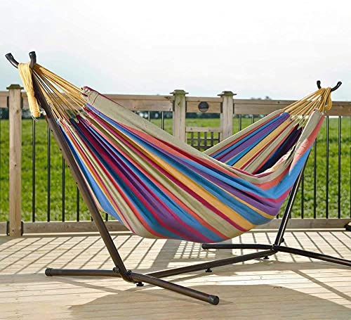 Vivere Double Cotton Hammock With Space Saving Steel Stand, Tropical (450 Lb Capacity - Premium Carry Bag Included) #TOP3