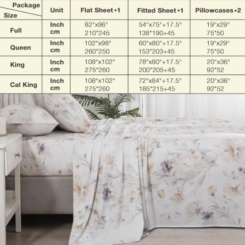 Image of Vintage Brown Floral Percale Bed Sheets Full Size Deep Pocket 4Pcs | 100% Cotton White Flower Sheet Set, Blooms Printed Shabby Chic Sheets, Cottagecore Luxury Bedding, Farmhouse, Soft Crisp