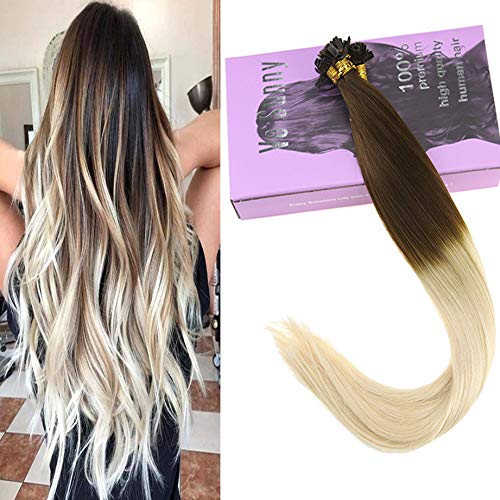 VeSunny 18" Flat Tip Extensions Color #4 Dark Brown Fading to #60 Platinum Blonde Fusion Hair Extensions Human Hair 1g/strand 50G Per Pack