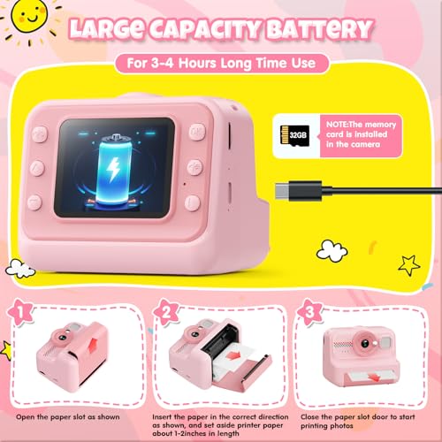 HiMont Kids Camera Instant Print, 1080P Instant Print Camera for Kids with 32GB Card & 3 Rolls Paper, Selfie Digital Camara, Funny Toys Gifts for Boys & Girls Age 3-12 (Pink) - Image 6