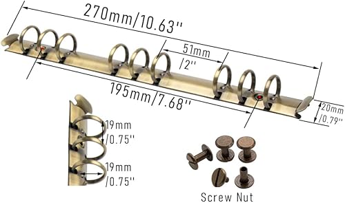 Miniatura 46 de Juego de 2 piezas de 6 anillas con mecanismo de carpeta A5 para cuadernos, juego de peines redondos de metal dorado para planificadores y Anillo