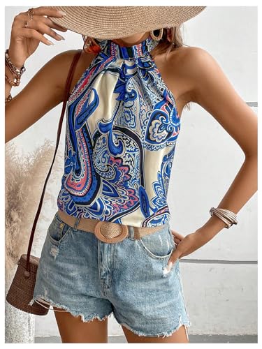 Image of RoseSeek Women's Tropical Paisley Halter Blouse Boho Shirt Vacation Tops