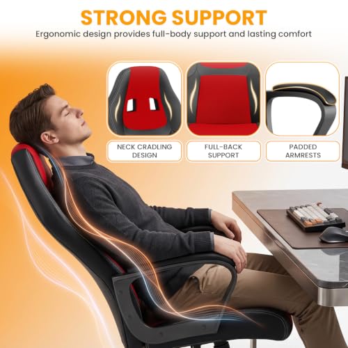 Image of BestOffice Office Chair PC Gaming Chair Cheap Desk Chair Ergonomic PU Leather Executive Computer Chair Lumbar Support for Women, Men (Red)