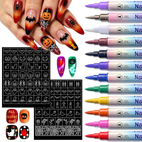 Halloween Nail Art Kit – 12 Dual Tip Nail Markers with 7 Halloween Nail Stencils &amp; Tweezers, Quick Dry Nail Polish Pens for Women Girls, Nail Paint Marker Pens Gift for Halloween Party