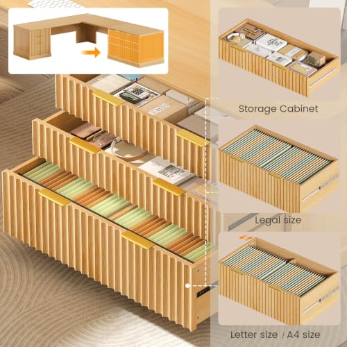 Image of SEDETA Fluted 78.8 inch L Shaped Desk with 6 Drawers, Fluted Oak | Home Office Desk with Power Outlet, File Cabinet Storage, Wood Corner Computer Desk for Work and Study