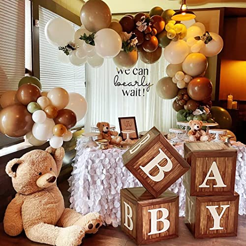 Image of Wood Grain Printing Baby Shower Display Boxes Party Decorations, Neutral Gender Reveal Party Backdrop, Brown Teddy Bear Baby Stacking Blocks Backdrop with Letters for Boy Girl Birthday Party