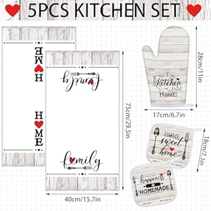 Rtteri 5 Pcs Farmhouse Dish Towels Pot Holders Oven Mitts Set 2 Vintage Wood Planks Kitchen Towels 1 Mittens Oven Glove 2 Potholders for Cooking Baking Grilling Supply Holiday Housewarming Gifts