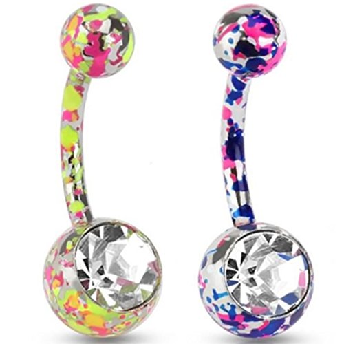2pc of Sexy Belly Button Navel Ring Body Piercing Paint Splatter Navel Ring with Large Clear Gem and Surgical Steel Bar 14 Gauge 3/8" Length By Eg Gifts