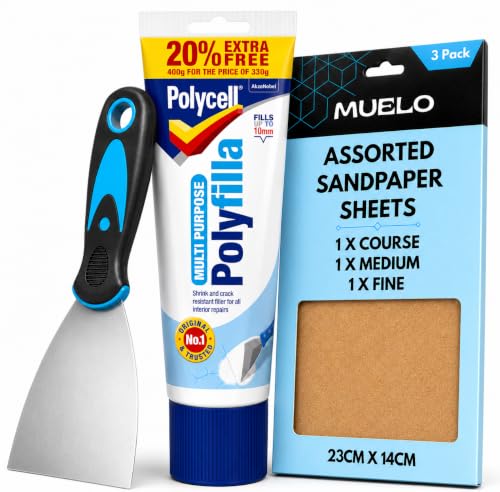 Image of Polycell Polyfilla Ready Mixed Tube 396g All Purpose Filler Interior Exterior Plaster Wood Stone Cracks Holes Smooth Filler For Walls With Muelo Metal Wall Filler Tool 3" and 3 Mixed Grit Sandpapers