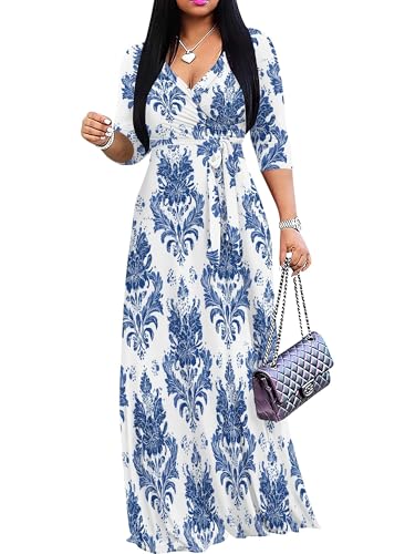 Image of Women's V Neck Floral Maxi Dress 3 /4 Sleeve Plus Size Boho Wrap Flowy Long Dresses with Belt