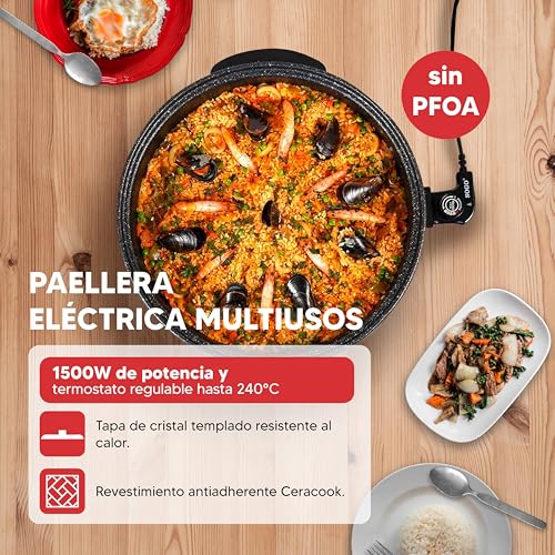 SOGO Paellera Eléctrica Multiusos – Olla Eléctrica para Cocinar 1500W, 9 cm Profundidad, Antiadherente con Termostato 240°C - Sartén Eléctrica con Regulador de Temperatura y Tapa de Cristal - imagen 7
